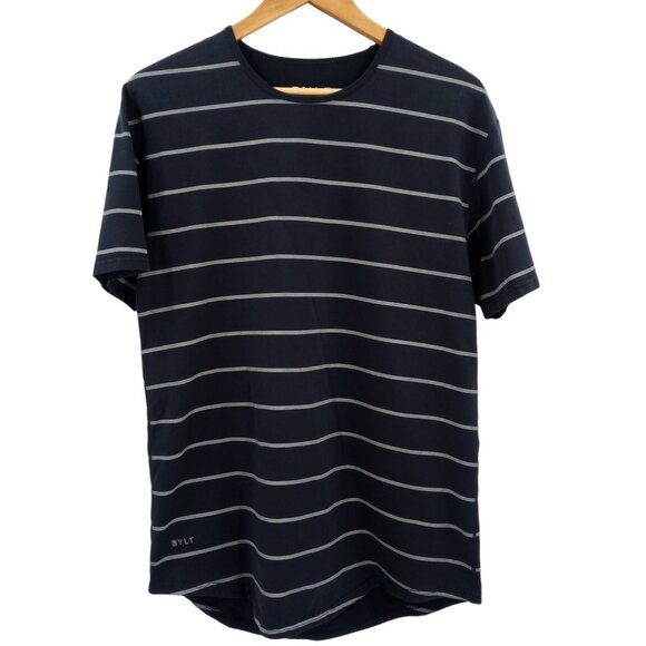 BYLT Drop Cut S/S Lux Blue Short Sleeve Striped T Shirt Size L Stretch Casual - Picture 1 of 9